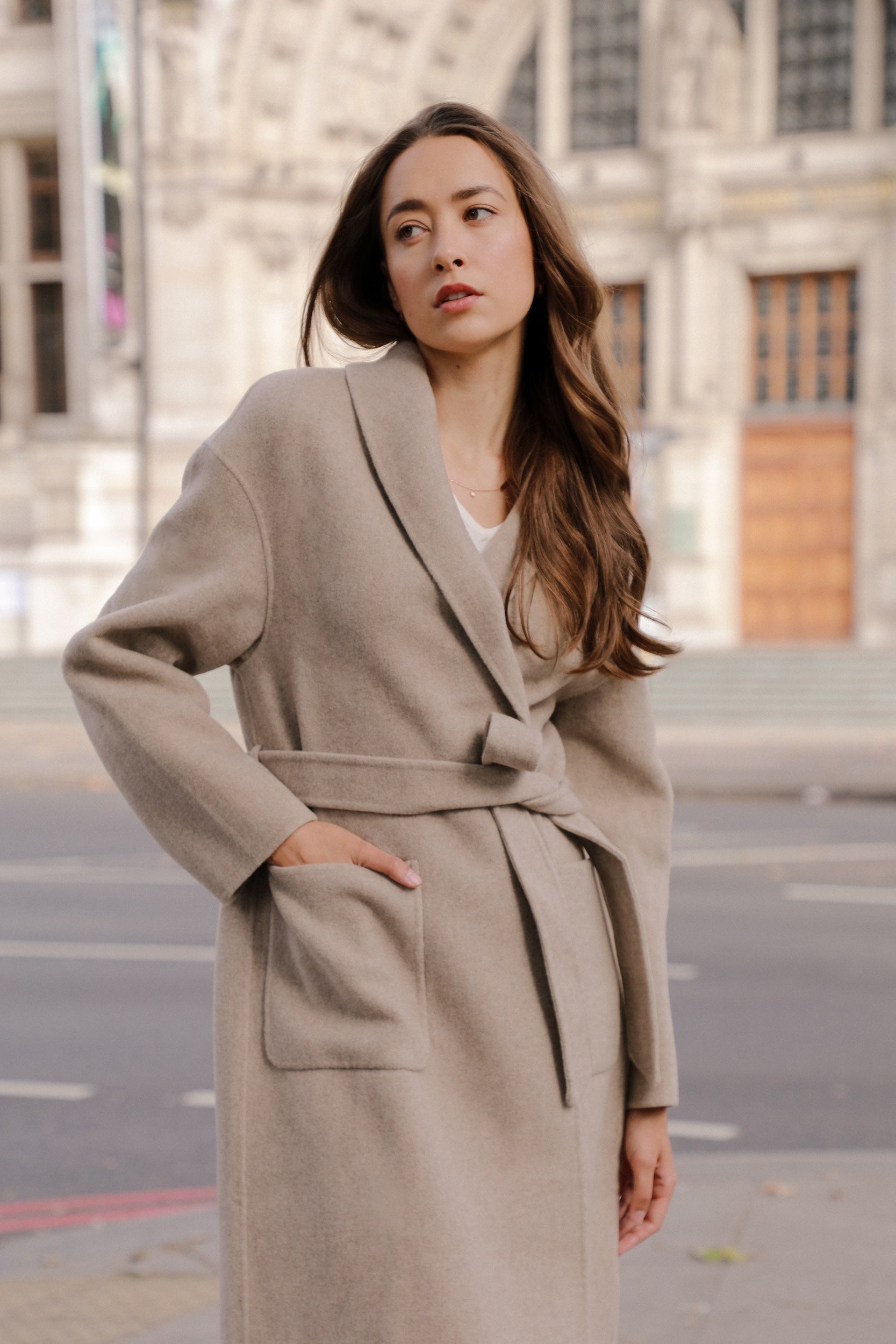 ladies cashmere dressing gown - camel product info and reviews Natural Camel Bathrobe-Style Long Coat with Belt, 100% Cashmere HY22W6 SHESPOKE COUTURE