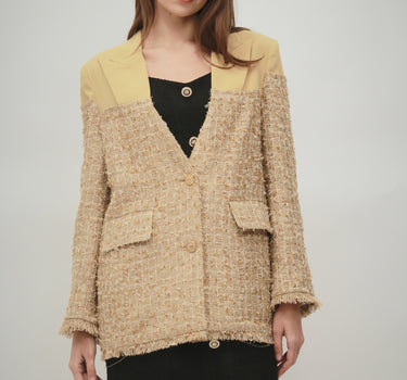 Slim Fit Tweed Patchwork Blazer - Golden