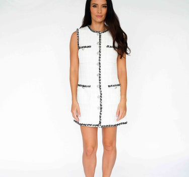 Sleeveless Dress with Front Buttons and Grosgrain Ribbons - White