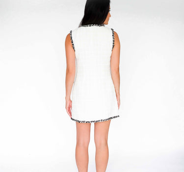 Sleeveless Dress with Front Buttons and Grosgrain Ribbons - White