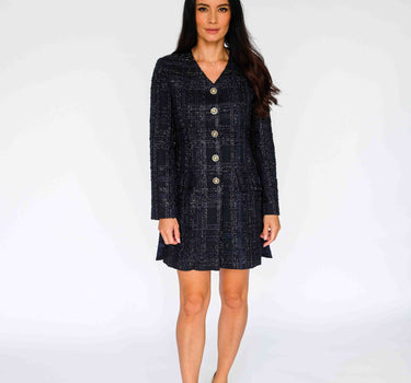 Long Sleeve V-neck Tweed Dress - Black