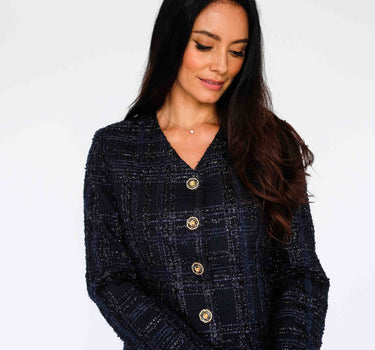 Long Sleeve V-neck Tweed Dress - Black