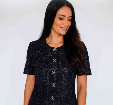 Short-sleeve round neck tweed dress - Black