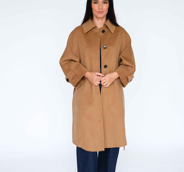 Stand Collar Concealed Button Belted Long Wool Coat with 15% Cashmere (Loose Fit) S6681 - Camel