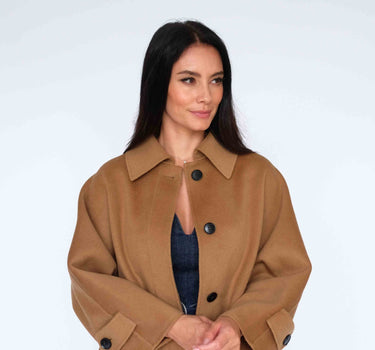 Stand Collar Concealed Button Belted Long Wool Coat with 15% Cashmere (Loose Fit) S6681 - Camel