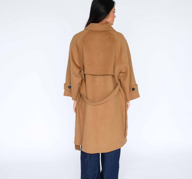 Stand Collar Concealed Button Belted Long Wool Coat with 15% Cashmere (Loose Fit) S6681 - Camel