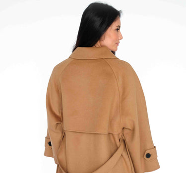 Stand Collar Concealed Button Belted Long Wool Coat with 15% Cashmere (Loose Fit) S6681 - Camel