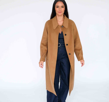 Tailored Stand Collar Concealed Button Long Wool Coat with 15% Cashmere S6698 - Camel