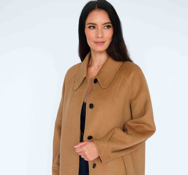 Tailored Stand Collar Concealed Button Long Wool Coat with 15% Cashmere S6698 - Camel