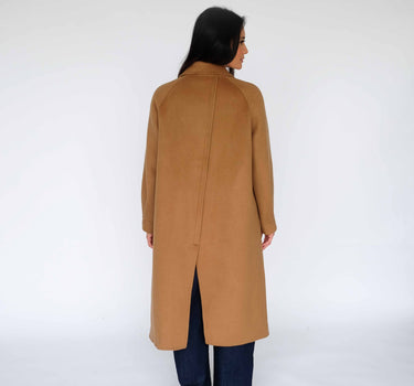 Tailored Stand Collar Concealed Button Long Wool Coat with 15% Cashmere S6698 - Camel