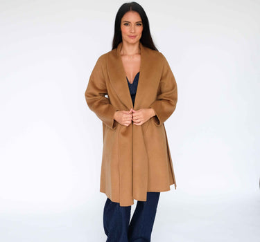 Camel Bathrobe-Inspired 15 % Cashmere Long Coat with Belt S6736 - Camel