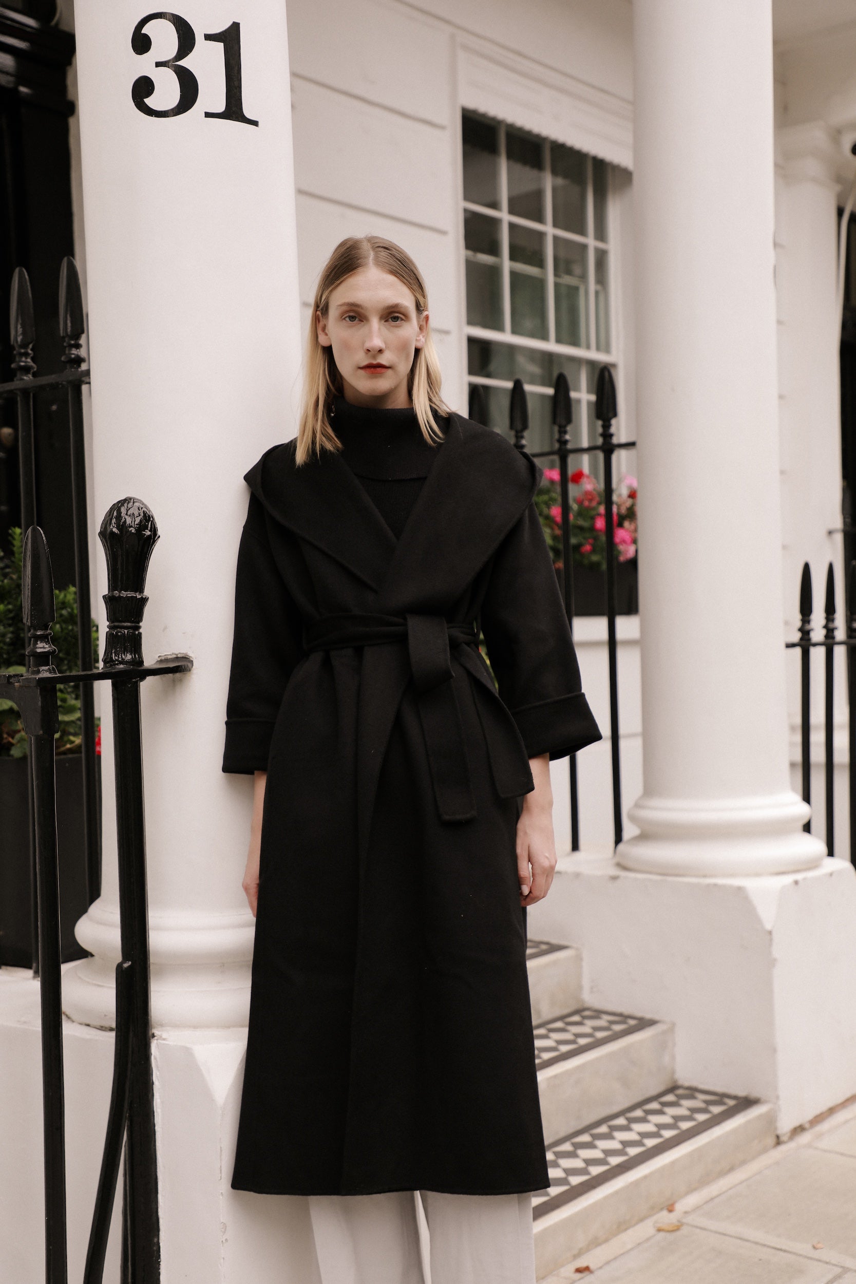 Black Long Bathrobe-Style Belted Hooded Wool Coat with 15% Cashmere S6701 - Black