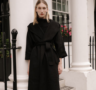 Black Long Bathrobe-Style Belted Hooded Wool Coat with 15% Cashmere S6701 - Black