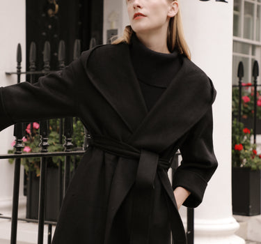 Black Long Bathrobe-Style Belted Hooded Wool Coat with 15% Cashmere S6701 - Black