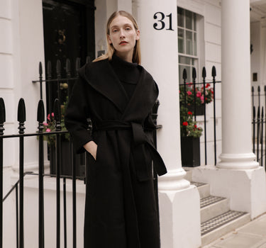 Black Long Bathrobe-Style Belted Hooded Wool Coat with 15% Cashmere S6701 - Black