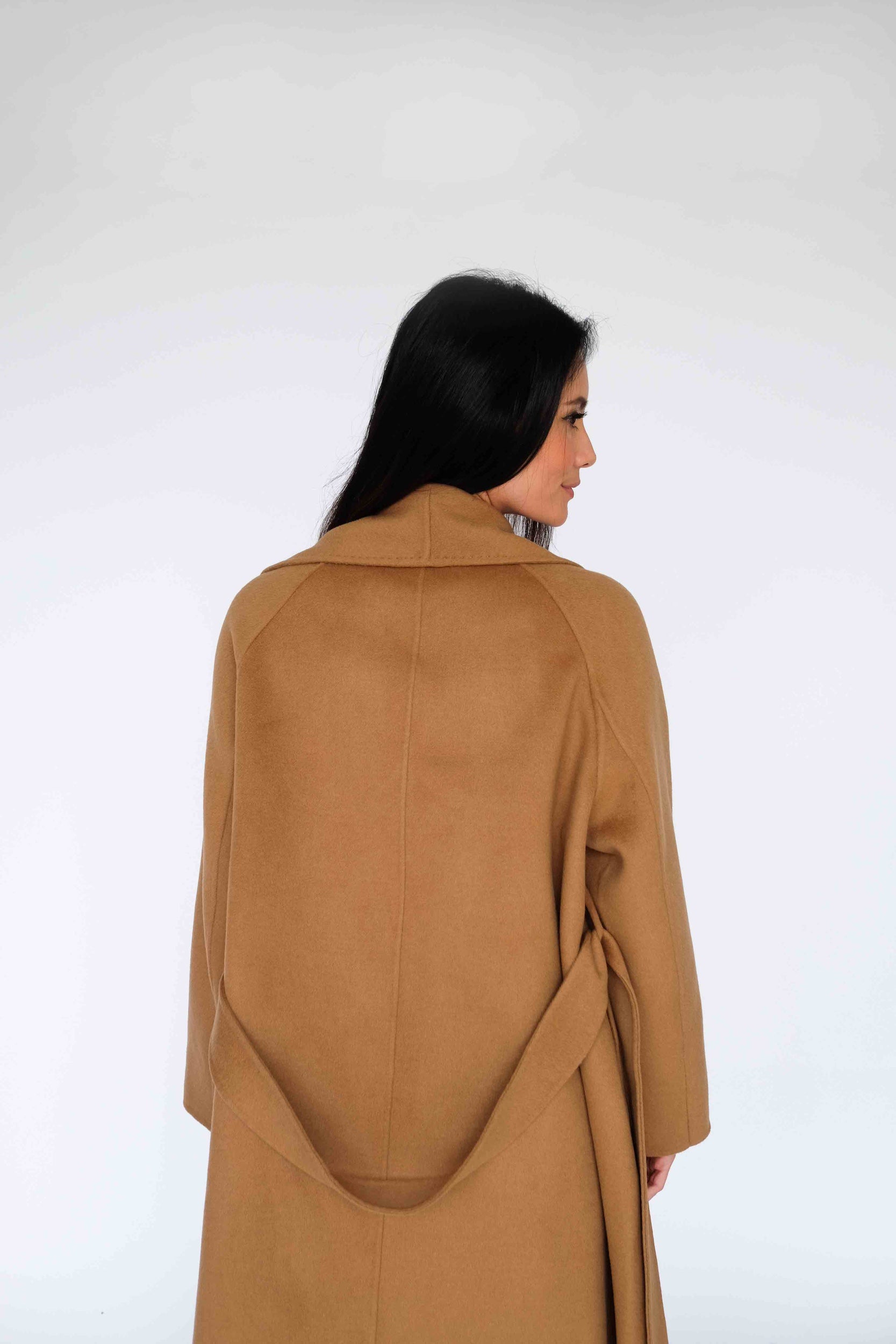 Camel Bathrobe-Inspired 15 % Cashmere Long Coat with Belt S6736 - Came SHESPOKE COUTURE Camel Bathrobe-Inspired 15 % Cashmere Long Coat with Belt S6736 - Came SHESPOKE COUTURE