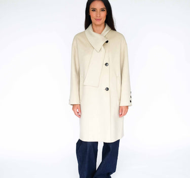 White Single-Breasted Neck-Wrap Mid-Length 15% Cashmere Coat S6803 - Off White