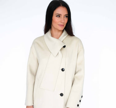 White Single-Breasted Neck-Wrap Mid-Length 15% Cashmere Coat S6803 - Off White