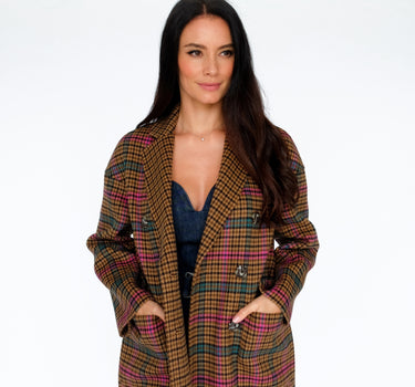 Long Checkered Wool Coat HY22W6045 - Brown Plaid