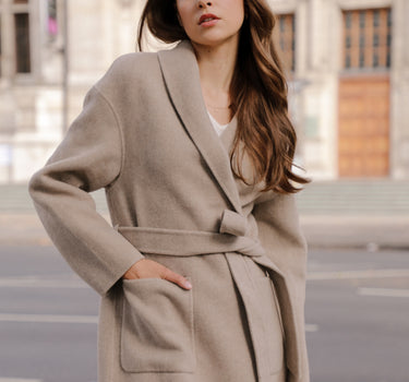 Natural Camel Bathrobe-Style Long Coat with Belt, 100% Cashmere HY22W6041 - Natural Camel