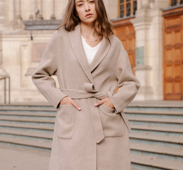 Natural Camel Bathrobe-Style Long Coat with Belt, 100% Cashmere HY22W6041 - Natural Camel