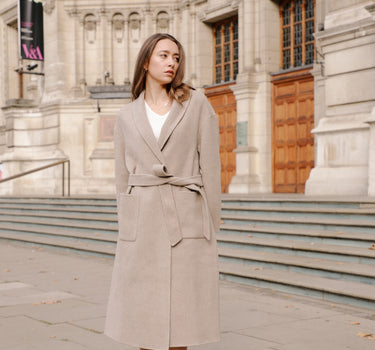 Natural Camel Bathrobe-Style Long Coat with Belt, 100% Cashmere HY22W6041 - Natural Camel