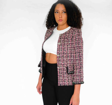 Blossom Bliss Oversized Tweed Blouse - Rose Red & Light Pink & Black & Green