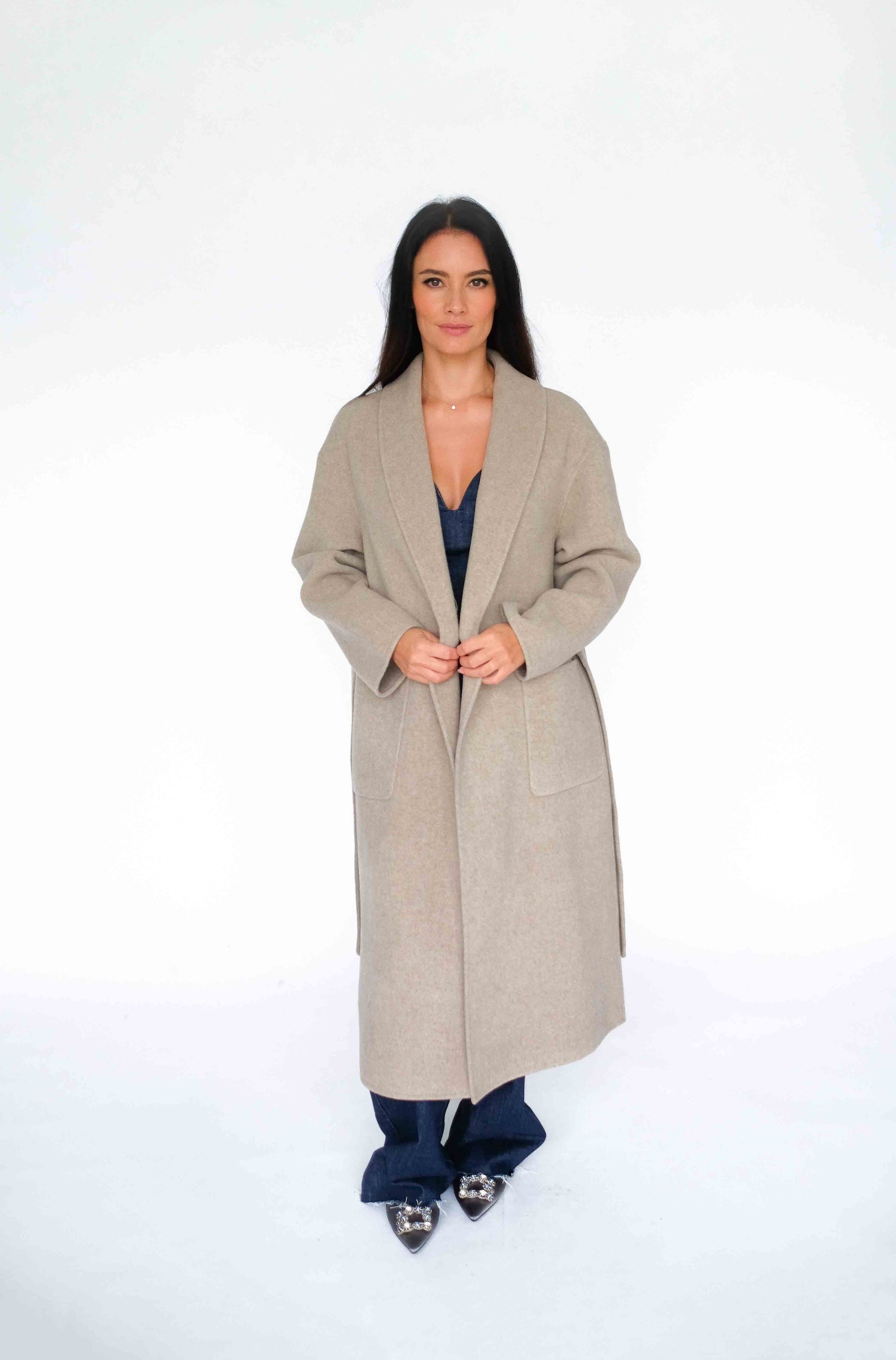 ladies cashmere dressing gown - camel product info and reviews Natural Camel Bathrobe-Style Long Coat with Belt, 100% Cashmere HY22W6 SHESPOKE COUTURE