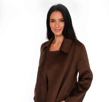 100% Cashmere Stand Collar Long Coat With Belt CA008 - Dark Brown