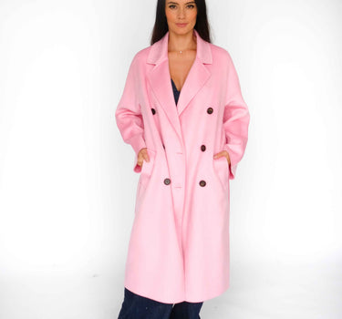 Double-Breasted Three-Button 100% Cashmere Suit Collar Long Coat With Belt CA007 - Pink