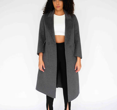 Double-Breasted Single-Velvet Button 100% Cashmere Coat in Charcoal Gray CA6656 - Dark Grey