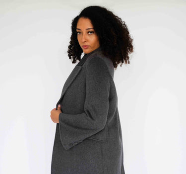 Double-Breasted Single-Velvet Button 100% Cashmere Coat in Charcoal Gray CA6656 - Dark Grey