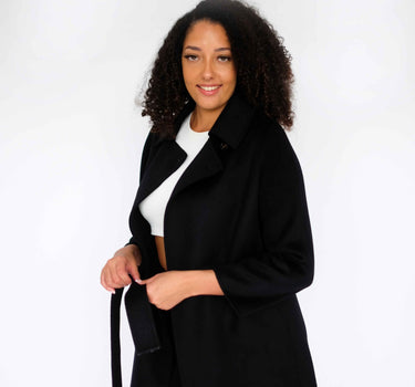 100% Cashmere Stand Collar Long Coat With Belt CA008 - Black