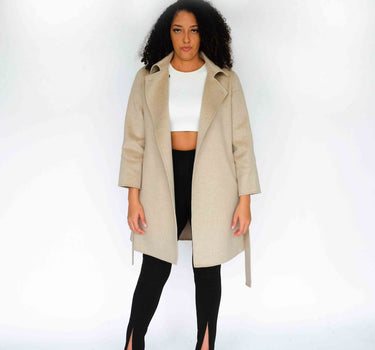 Belted 100% Cashmere Mid-Length Coat with Stand Collar CA6528 - Beige