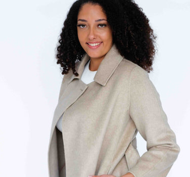 100% Cashmere Stand Collar Long Coat With Belt CA008 - Beige