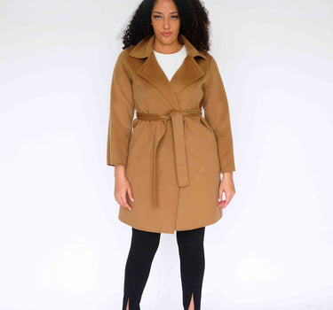 Belted 100% Cashmere Mid-Length Coat with Stand Collar CA6528 - Classic Camel