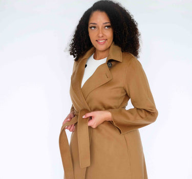 Belted 100% Cashmere Mid-Length Coat with Stand Collar CA6528 - Classic Camel