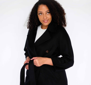 Double-Breasted Suit Collar Mid-Length 100% Cashmere Coat with Belt (Two Rows Buttons) CA6695 - Black