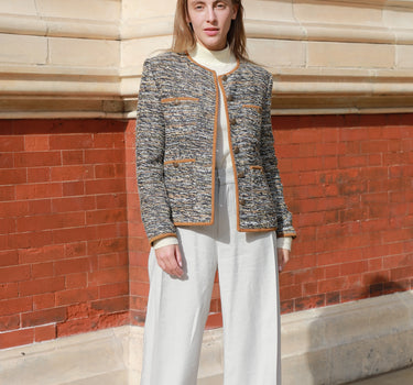 France TMP Mingled Shades Tweed Jacket with Camel Trim - Gold-Brown & Silver & Navy Blue