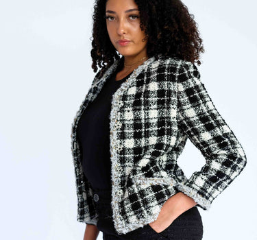 Cozy Monochrome Tweed Top with Grosgrain Trim-France - Black & White