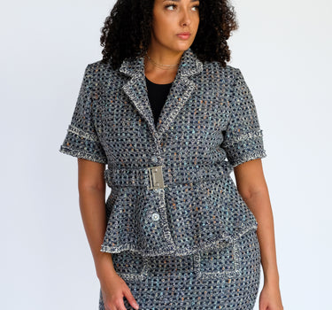 Abraham Moon Belted Notch Collar Tweed Set Skirt (pre-order) - Metallic Blue