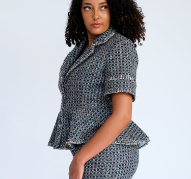 Abraham Moon Belted Notch Collar Tweed Set Skirt (pre-order) - Metallic Blue