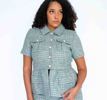 Pale Mint Green Plaid Tweed Top With Short Sleeves-Abraham Moon (Pre-order) - Green