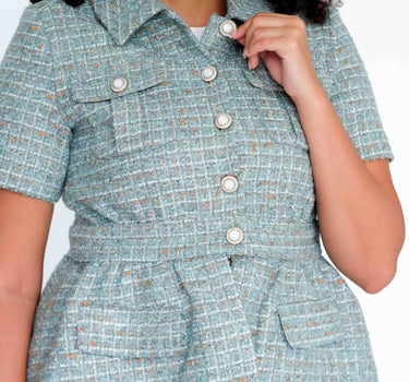 Pale Mint Green Plaid Tweed Top With Short Sleeves-Abraham Moon (Pre-order) - Green