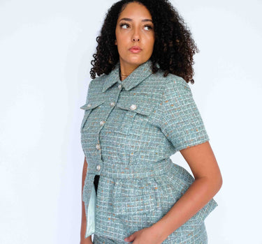 Pale Mint Green Plaid Tweed Top With Short Sleeves-Abraham Moon (Pre-order) - Green