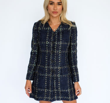 Linton Long Sleeve V-neck, Metallic Mesh Tweed Blue Dress - Metallic Mesh Navy Blue