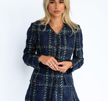 Linton Long Sleeve V-neck, Metallic Mesh Tweed Blue Dress - Metallic Mesh Navy Blue