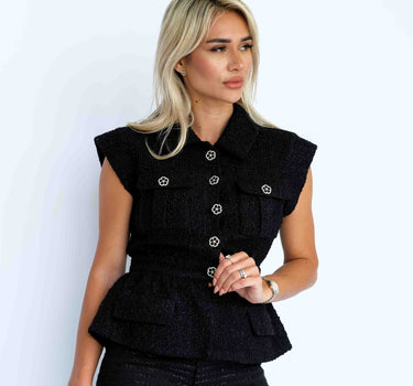 Black Tweed Vest with Hemline - Black