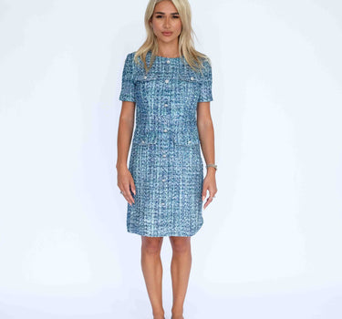 Turquoise Tweed Short Sleeve Dress with Four Pockets-France TMP (pre-order) - Aqua & White