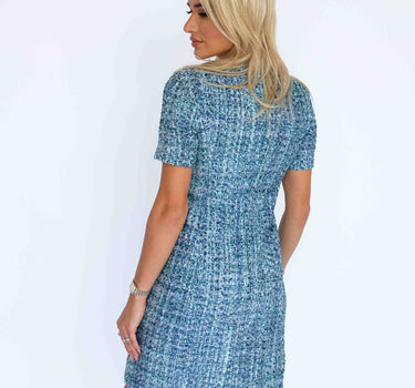 Turquoise Tweed Short Sleeve Dress with Four Pockets-France TMP (pre-order) - Aqua & White